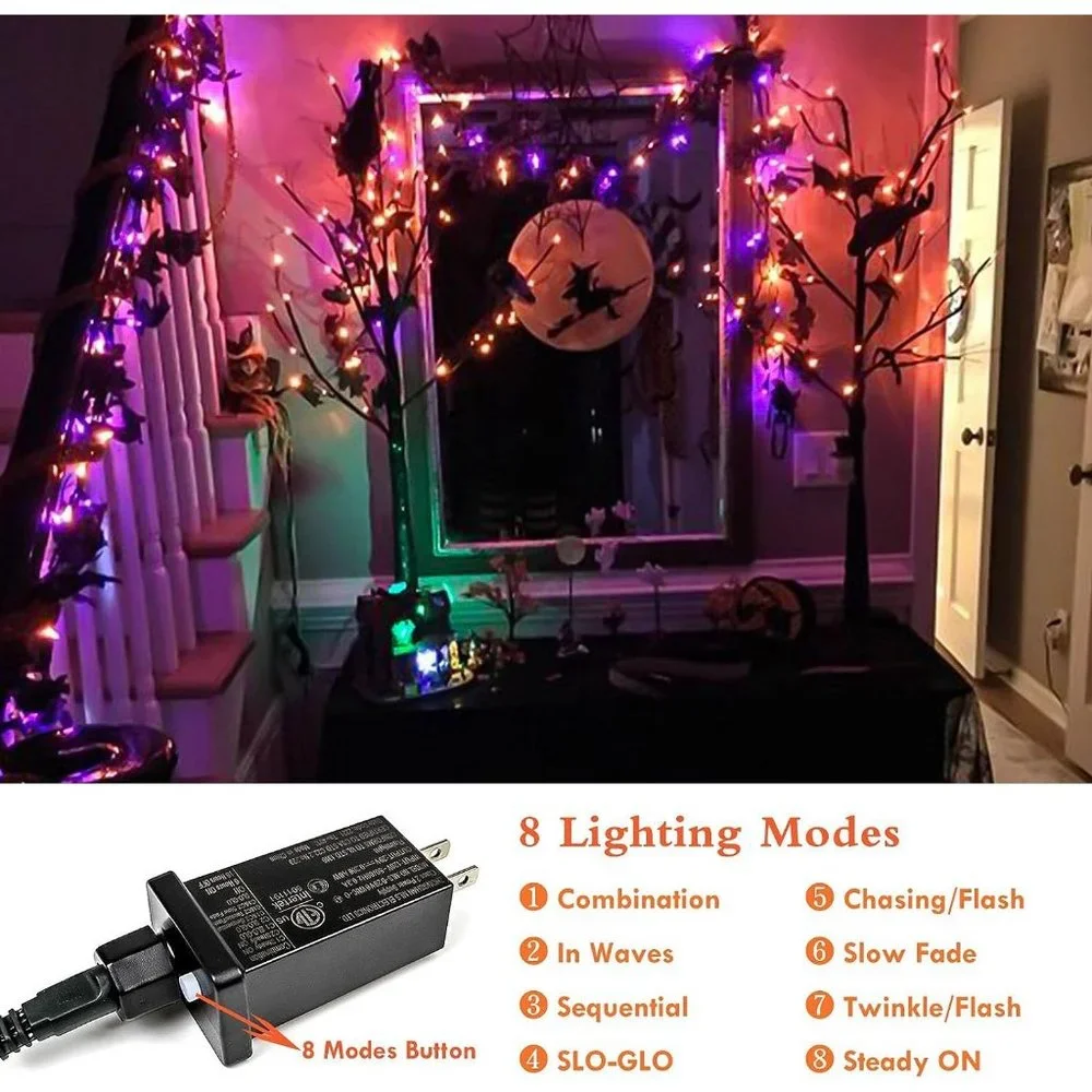 Halloween 2-Pack 66FT 200 LED Orange and Purple Waterproof Tree Light with Timer